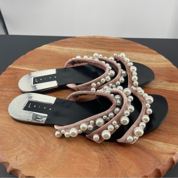 Leith Pearl Sandals Slides Shoes Pink Velvet Strappy Slip On Size 6 - Picture 1 of 8